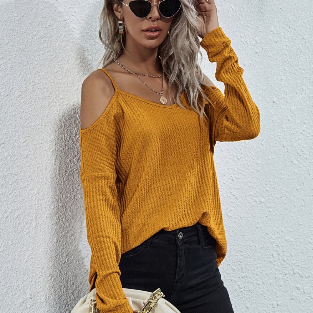 off shoulder waffle long sleeve knit top MUSTARD - Picture 15 of 16
